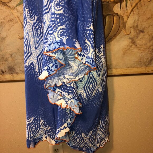 Sz M Kalypso 7 Blue & White Ombre Print Beach Coverup with Orange Embroi… - Picture 13 of 17